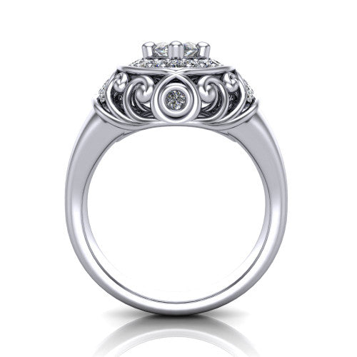 Cassidy marquise vintage halo engagement ring in 18K White Gold, through-finger front profile showing the filigree gallery and halo head raised above the plain band