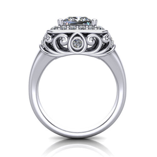 Cassidy princess vintage halo engagement ring in 18K White Gold, through-finger front profile showing the filigree gallery and halo head raised above the plain band