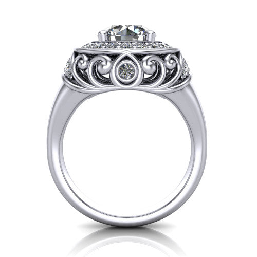 Cassidy round vintage halo engagement ring in Platinum, through-finger front profile showing the filigree gallery and halo head raised above the plain band