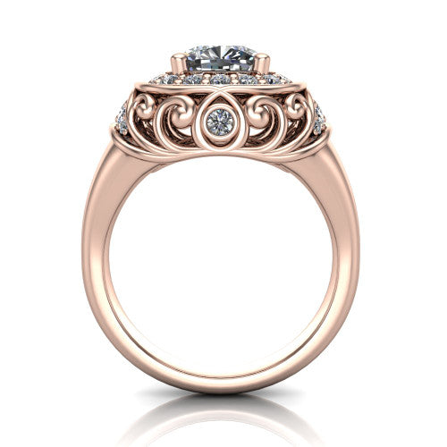Cassidy cushion vintage halo engagement ring in 14K Rose Gold, through-finger front profile showing the filigree gallery and halo head raised above the plain band