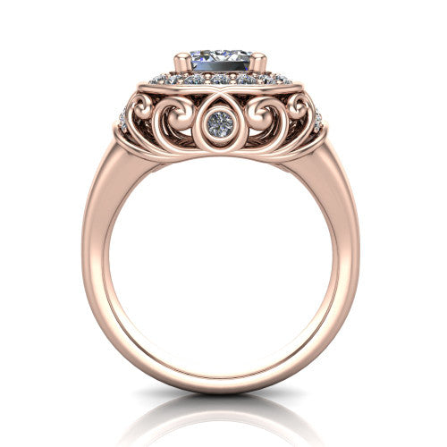 Cassidy emerald vintage halo engagement ring in 14K Rose Gold, through-finger front profile showing the filigree gallery and halo head raised above the plain band