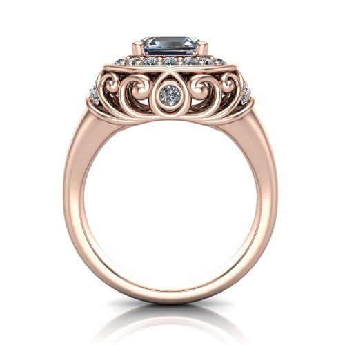 Cassidy square emerald vintage halo engagement ring in 14K Rose Gold, through-finger front profile showing the filigree gallery and halo head raised above the plain band