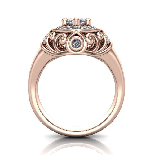 Cassidy marquise vintage halo engagement ring in 14K Rose Gold, through-finger front profile showing the filigree gallery and halo head raised above the plain band