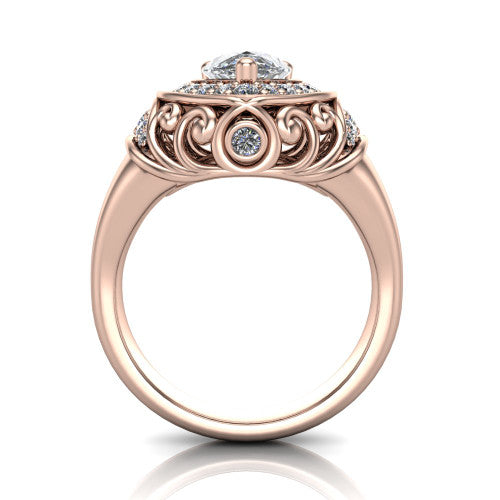 Cassidy pear vintage halo engagement ring in 14K Rose Gold, through-finger front profile showing the filigree gallery and halo head raised above the plain band