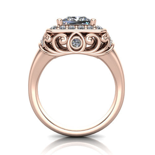 Cassidy princess vintage halo engagement ring in 14K Rose Gold, through-finger front profile showing the filigree gallery and halo head raised above the plain band