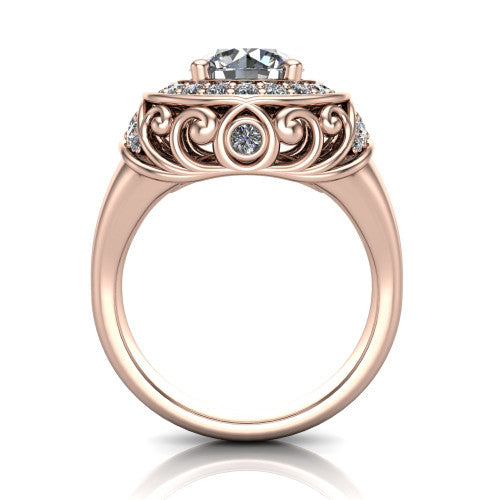 Cassidy round vintage halo engagement ring in 18K Rose Gold, through-finger front profile showing the filigree gallery and halo head raised above the plain band