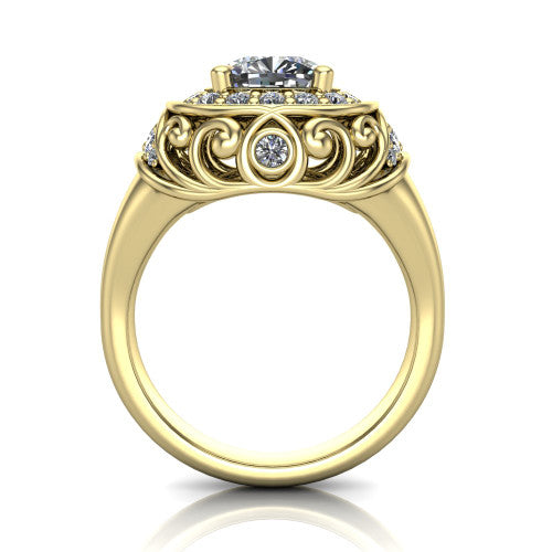 Cassidy cushion vintage halo engagement ring in 14K Yellow Gold, through-finger front profile showing the filigree gallery and halo head raised above the plain band
