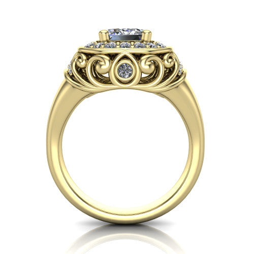 Cassidy emerald vintage halo engagement ring in 14K Yellow Gold, through-finger front profile showing the filigree gallery and halo head raised above the plain band