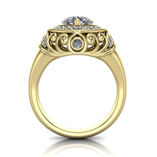 Cassidy heart vintage halo engagement ring in 14K Yellow Gold, through-finger front profile showing the filigree gallery and halo head raised above the plain band