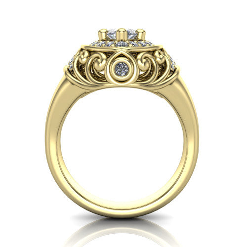 Cassidy marquise vintage halo engagement ring in 14K Yellow Gold, through-finger front profile showing the filigree gallery and halo head raised above the plain band