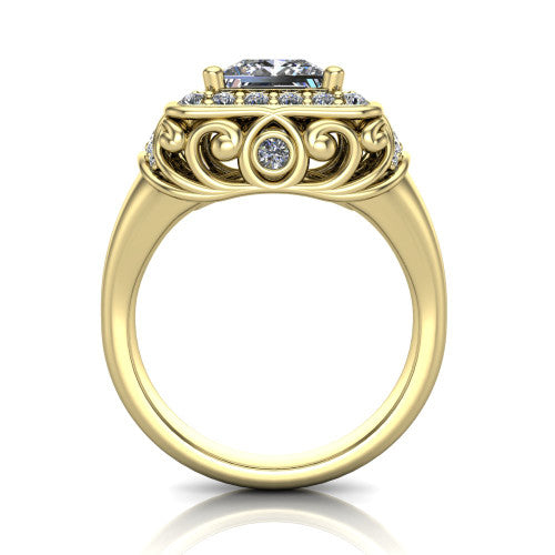Cassidy princess vintage halo engagement ring in 18K Yellow Gold, through-finger front profile showing the filigree gallery and halo head raised above the plain band