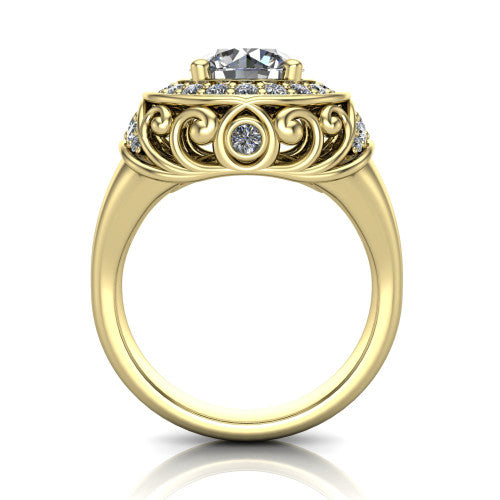 Cassidy round vintage halo engagement ring in 14K Yellow Gold, through-finger front profile showing the filigree gallery and halo head raised above the plain band