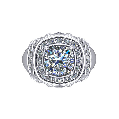 Cassidy cushion vintage halo engagement ring in Platinum, top-down view showing the cushion-shaped double pav&eacute; halo framing the cushion center from above