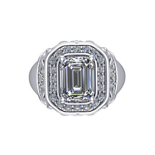 Cassidy emerald vintage halo engagement ring in 14K White Gold, top-down view showing the cushion-shaped double pav&eacute; halo framing the emerald center from above