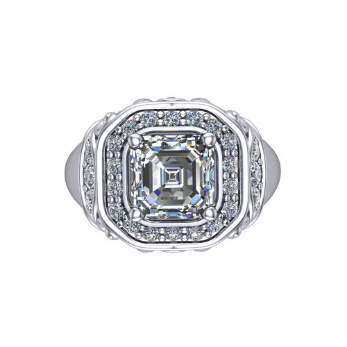 Cassidy square emerald vintage halo engagement ring in 18K White Gold, top-down view showing the cushion-shaped double pav&eacute; halo framing the square emerald center from above