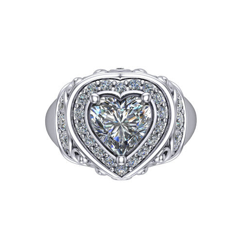 Cassidy heart vintage halo engagement ring in Platinum, top-down view showing the cushion-shaped double pav&eacute; halo framing the heart center from above