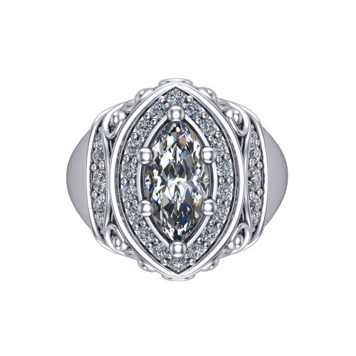 Cassidy marquise vintage halo engagement ring in 14K White Gold, top-down view showing the cushion-shaped double pav&eacute; halo framing the marquise center from above