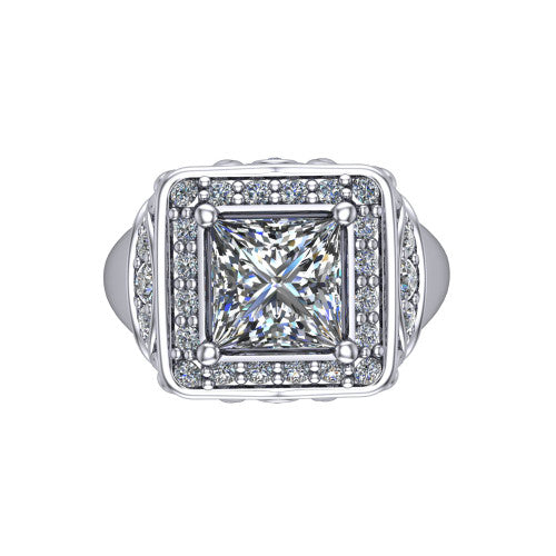 Cassidy princess vintage halo engagement ring in 18K White Gold, top-down view showing the cushion-shaped double pav&eacute; halo framing the princess center from above