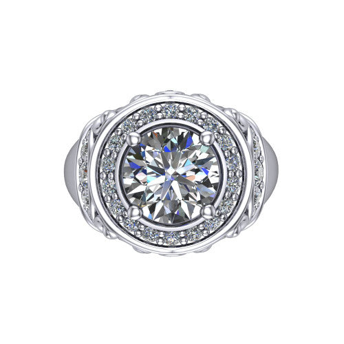 Cassidy round vintage halo engagement ring in 18K White Gold, top-down view showing the cushion-shaped double pav&eacute; halo framing the round center from above