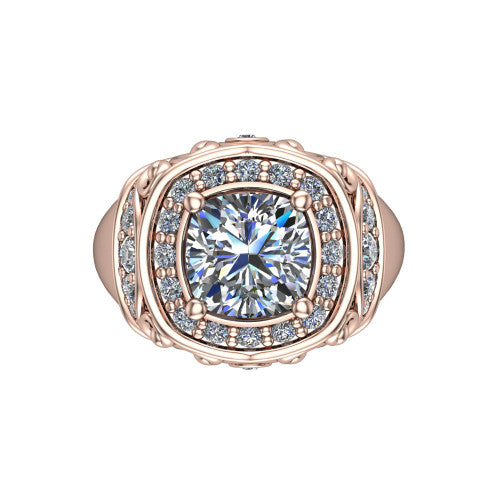 Cassidy cushion vintage halo engagement ring in 14K Rose Gold, top-down view showing the cushion-shaped double pav&eacute; halo framing the cushion center from above