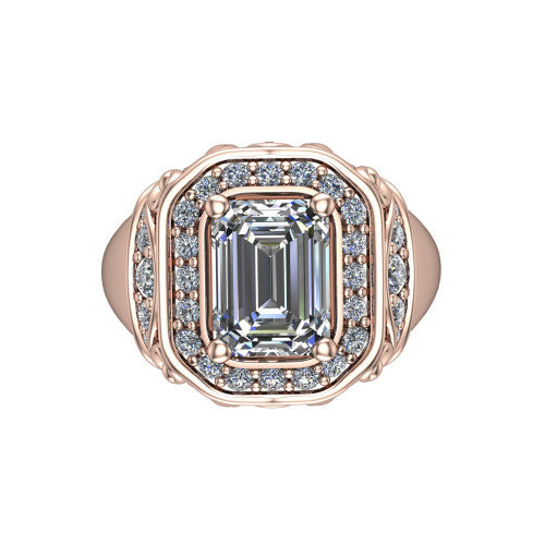 Cassidy emerald vintage halo engagement ring in 14K Rose Gold, top-down view showing the cushion-shaped double pav&eacute; halo framing the emerald center from above