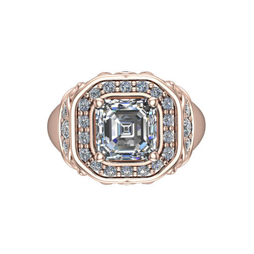 Cassidy square emerald vintage halo engagement ring in 14K Rose Gold, top-down view showing the cushion-shaped double pav&eacute; halo framing the square emerald center from above