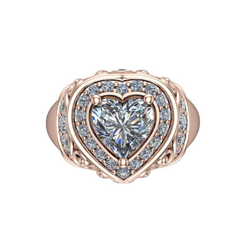 Cassidy heart vintage halo engagement ring in 14K Rose Gold, top-down view showing the cushion-shaped double pav&eacute; halo framing the heart center from above