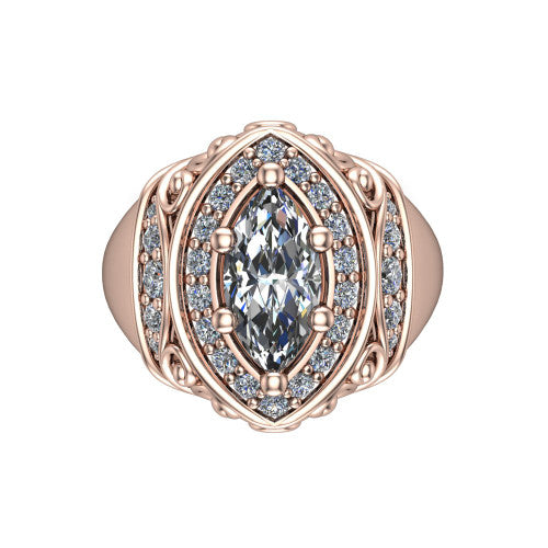 Cassidy marquise vintage halo engagement ring in 14K Rose Gold, top-down view showing the cushion-shaped double pav&eacute; halo framing the marquise center from above