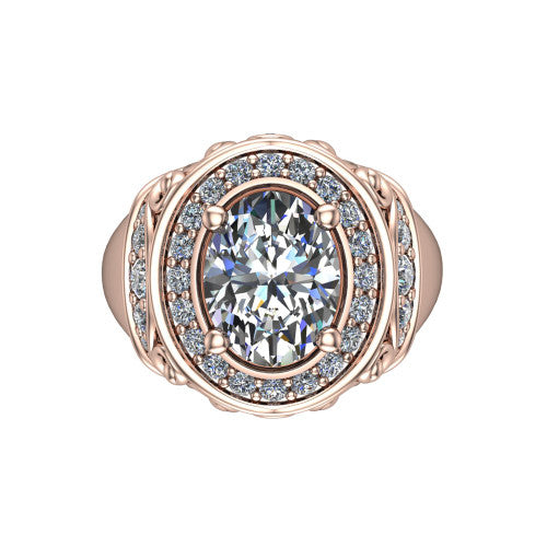 Cassidy oval vintage halo engagement ring in 18K Rose Gold, top-down view showing the cushion-shaped double pav&eacute; halo framing the oval center from above