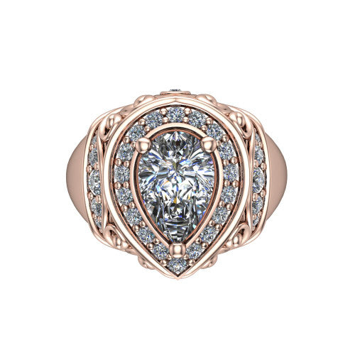 Cassidy pear vintage halo engagement ring in 14K Rose Gold, top-down view showing the cushion-shaped double pav&eacute; halo framing the pear center from above