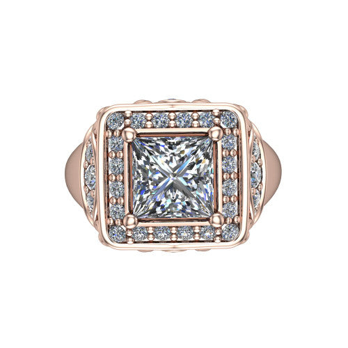 Cassidy princess vintage halo engagement ring in 14K Rose Gold, top-down view showing the cushion-shaped double pav&eacute; halo framing the princess center from above