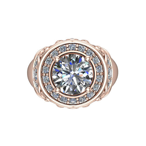 Cassidy round vintage halo engagement ring in 14K Rose Gold, top-down view showing the cushion-shaped double pav&eacute; halo framing the round center from above