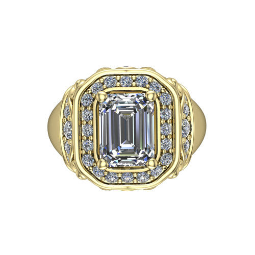 Cassidy emerald vintage halo engagement ring in 14K Yellow Gold, top-down view showing the cushion-shaped double pav&eacute; halo framing the emerald center from above