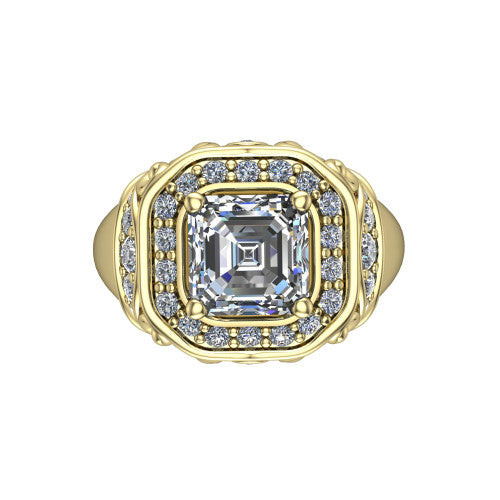 Cassidy square emerald vintage halo engagement ring in 18K Yellow Gold, top-down view showing the cushion-shaped double pav&eacute; halo framing the square emerald center from above