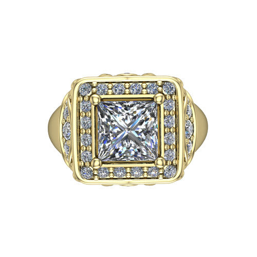 Cassidy princess vintage halo engagement ring in 18K Yellow Gold, top-down view showing the cushion-shaped double pav&eacute; halo framing the princess center from above