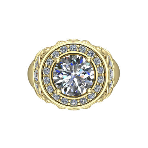 Cassidy round vintage halo engagement ring in 14K Yellow Gold, top-down view showing the cushion-shaped double pav&eacute; halo framing the round center from above