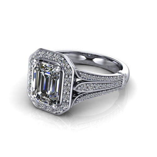 Joy emerald halo engagement ring in 14K White Gold, three-quarter perspective showing the emerald center in a squared pav&eacute; halo above a pav&eacute; split shank