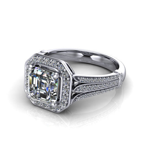 Joy square emerald halo engagement ring in 18K White Gold, three-quarter perspective showing the square emerald center in a squared pav&eacute; halo above a pav&eacute; split shank