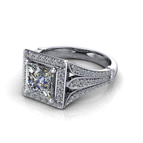 Joy princess halo engagement ring in 18K White Gold, three-quarter perspective showing the princess center in a squared pav&eacute; halo above a pav&eacute; split shank
