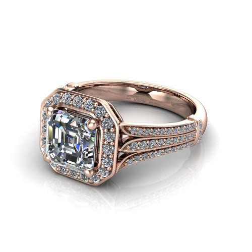 Joy square emerald halo engagement ring in 14K Rose Gold, three-quarter perspective showing the square emerald center in a squared pav&eacute; halo above a pav&eacute; split shank