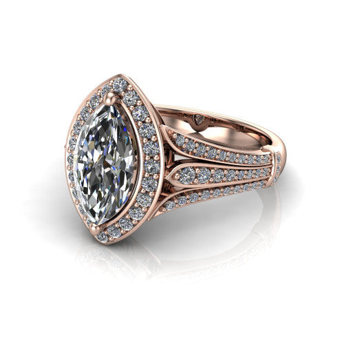 Joy marquise halo engagement ring in 14K Rose Gold, three-quarter perspective showing the marquise center in a squared pav&eacute; halo above a pav&eacute; split shank