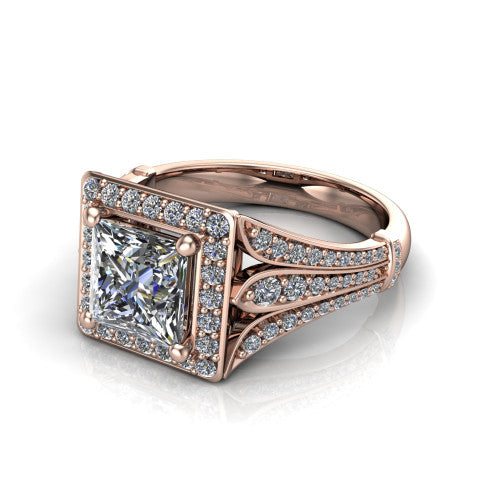 Joy princess halo engagement ring in 18K Rose Gold, three-quarter perspective showing the princess center in a squared pav&eacute; halo above a pav&eacute; split shank