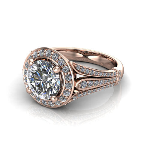 Joy round halo engagement ring in 14K Rose Gold, three-quarter perspective showing the round center in a squared pav&eacute; halo above a pav&eacute; split shank