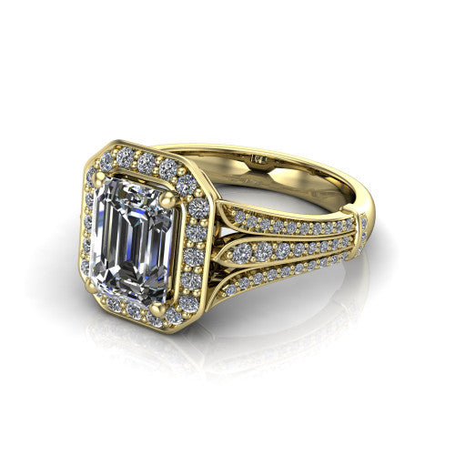 Joy emerald halo engagement ring in 14K Yellow Gold, three-quarter perspective showing the emerald center in a squared pav&eacute; halo above a pav&eacute; split shank