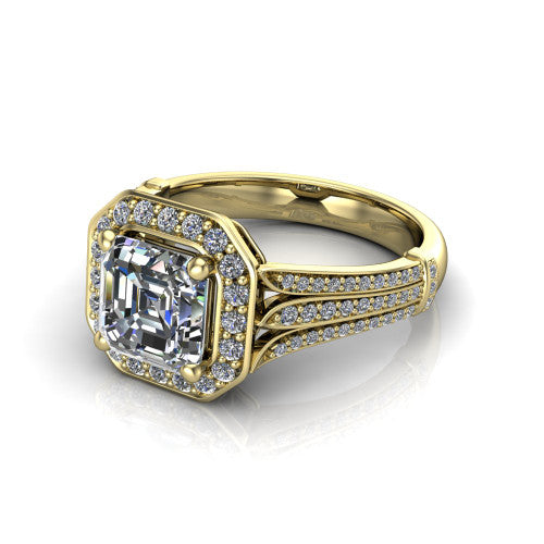 Joy square emerald halo engagement ring in 14K Yellow Gold, three-quarter perspective showing the square emerald center in a squared pav&eacute; halo above a pav&eacute; split shank