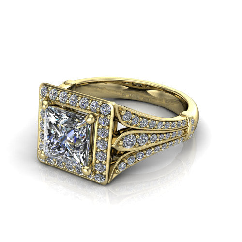 Joy princess halo engagement ring in 14K Yellow Gold, three-quarter perspective showing the princess center in a squared pav&eacute; halo above a pav&eacute; split shank