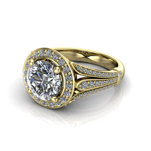 Joy round halo engagement ring in 14K Yellow Gold, three-quarter perspective showing the round center in a squared pav&eacute; halo above a pav&eacute; split shank