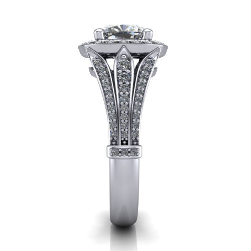 Joy cushion halo engagement ring in 18K White Gold, side profile showing the pav&eacute; split shank, ornate diamond-set base, and squared halo in profile