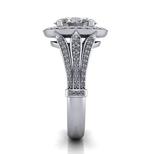 Joy oval halo engagement ring in 18K White Gold, side profile showing the pav&eacute; split shank, ornate diamond-set base, and squared halo in profile