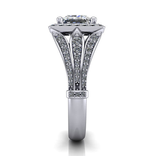 Joy princess halo engagement ring in 14K White Gold, side profile showing the pav&eacute; split shank, ornate diamond-set base, and squared halo in profile